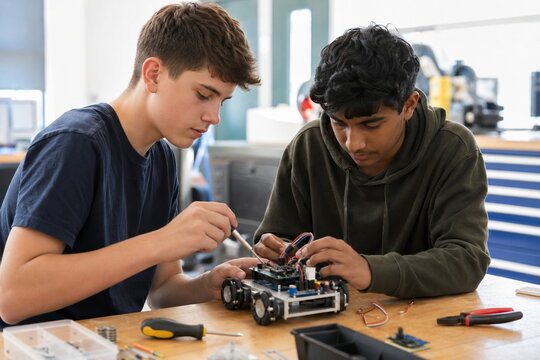Two teen boys building a small robotics project in a school makerspace with tools, wires, circuit boards, and focused teamwork.
