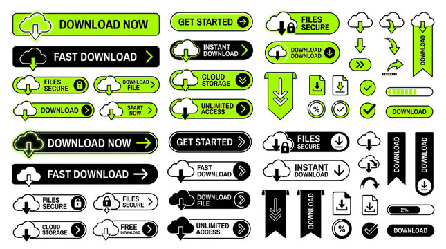 Download Buttons & Icons Set - Cloud Storage, Fast Download, Secure Files