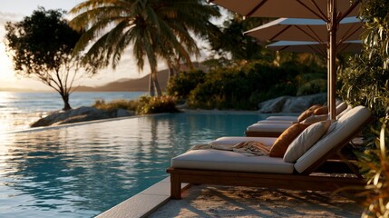 Fototapeta premium Luxury infinity pool overlooking the ocean at sunset with palm trees and lounge chairs