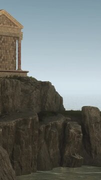 A cliff overlooks the sea with an ancient structure standing tall. The sun shines gently on the scene. Rocks and grass are visible around the building.