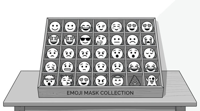 Emoji faces on display stand.