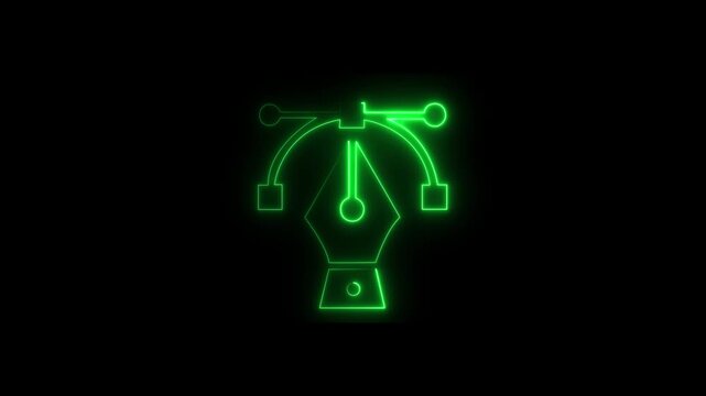 Glowing neon pen tool icon animation on a black background representing vector editing, graphic design, path creation, and digital illustration. Futuristic neon line animation ideal for design