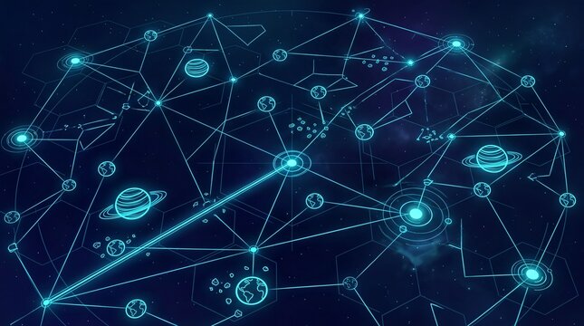 cosmic navigation map, a holographic star chart showcases constellations and planets in dark blue and cyan