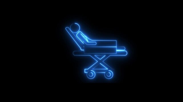 Glowing neon medical stretcher icon animation on a black background representing emergency transportation, patient care, ambulance services, hospital equipment, and healthcare