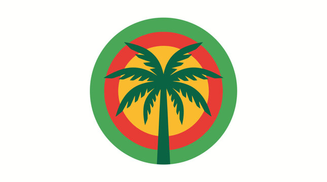Vector illustration of a tropical palm tree silhouette inside a green, red, and yellow concentric circle logo icon