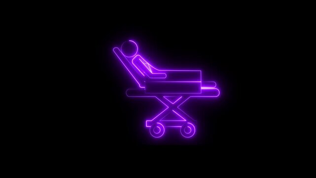 Glowing neon medical stretcher icon animation on a black background representing emergency transportation, patient care, ambulance services, hospital equipment, and healthcare