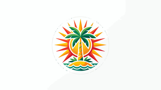 Tropical Island and Palm Tree Logo with Vibrant Sunburst in Circular Emblem