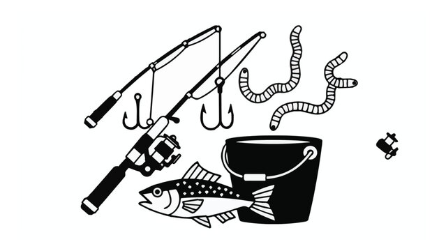 Fishing equipment with rod bait fish bucket and worm on white background for outdoor activity