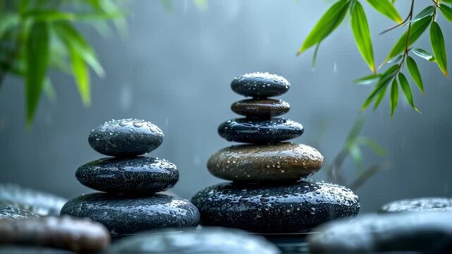 Stacked, wet, smooth stones with bamboo leaves in the rain, evoking calm and zen