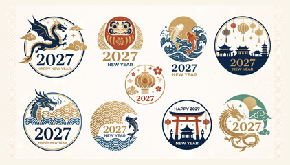 Decorative 2027 new year vector stickers with dragon and temple motif japanese traditional celebration oriental prosperity mountain horoscope greeting template mystical creature © Shaon