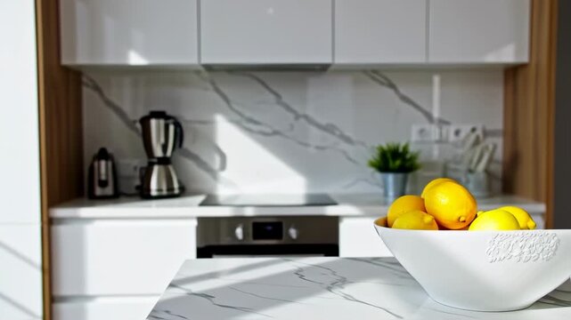 Bright, modern kitchen interior featuring lemons in a decorative bowl, appliances, and sleek design
