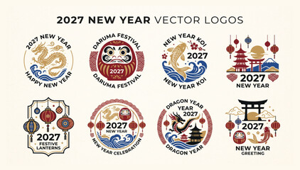 Set of 2027 new year vector logos featuring daruma dolls and traditional japanese architecture japanese traditional celebration oriental prosperity mountain horoscope greeting template © Shaon