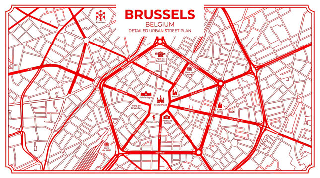 Brussels Belgium Detailed Street Plan Map, Red Lines on White Background