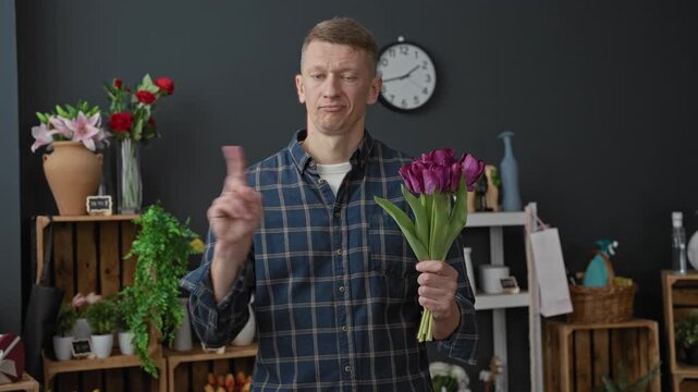 Man florist holding purple tulip bouquet with bare hand points index finger toward camera in studio filled with vases and crates; serious instruction.