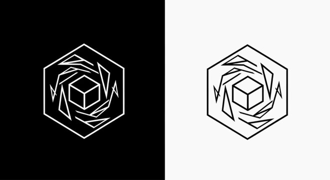 Minimal black silhouette icon, simple flat vector, bold black shape, no gradients, no shading abstract geometric hexagon logo design with a central cube and spiral shards on a, flat icon style