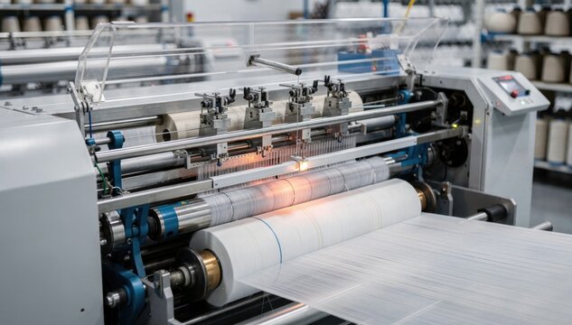 Autoconer machine in operation with the transparent cover open showcasing intricate inspection of splice joints and detailed yarn alignment during winding.