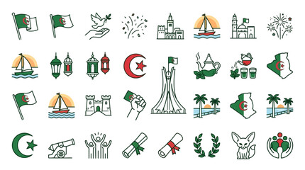 Fototapeta premium Vector Icons Algeria national symbols and cultural icons set. EPS Editable
