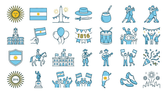 Vector Icons Argentina Independence Day Celebration Icons Set. EPS Editable