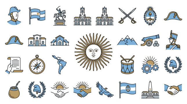 Vector Icons Argentina national symbols and history hand drawn icon set. EPS Editable