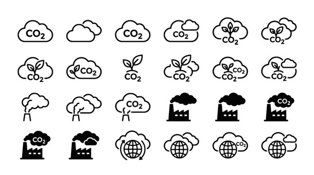 Vector Icons Carbon Dioxide Emission and Ecology Icon Set for Environmental Sustainability Concepts. EPS Editable