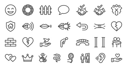 Fototapeta premium Vector Icons Collection of Human Relationship and Psychology Line Icons Representing Emotions and Social Interactions. EPS Editable