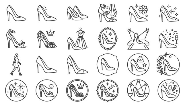 Vector Icons Collection of high heel shoe icons and fashion illustrations in black and white line art style. EPS Editable