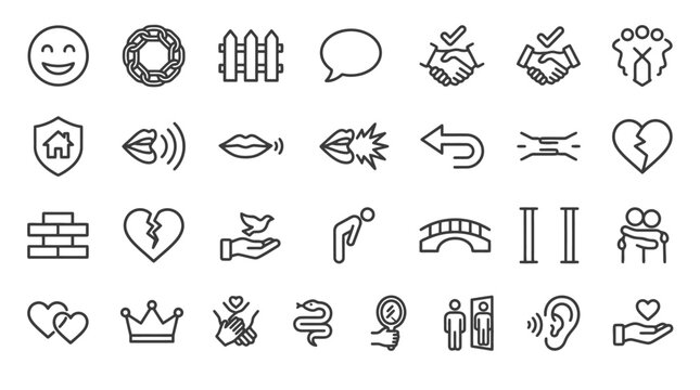 Vector Icons Collection of Human Relationship and Psychology Line Icons Representing Emotions and Social Interactions. EPS Editable