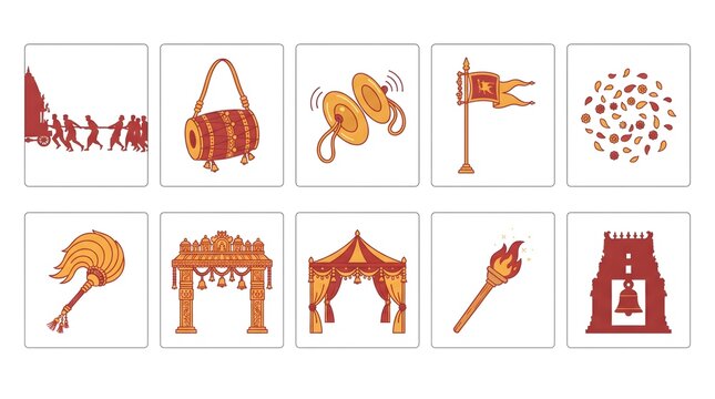 Indian wedding icons with procession drum cymbals flag torch mandap tent.