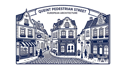 Quaint European Pedestrian Street with Bakery, Boutique, and Cafe © beni