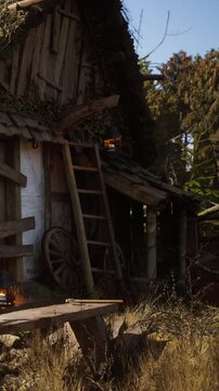 A wooden house stands in a natural area. A ladder leans against the house. Nearby, there is a wagon wheel on the ground. The sun shines on the scene. Vegetation grows around the house.