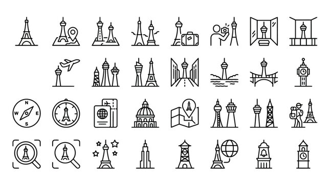 Vector Icons Global Landmarks and Travel Destination Icon Set in Minimalist Line Art Style. EPS Editable