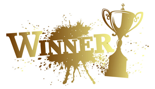 Gold silhouette of the word "WINNER" with a trophy, on a transparent background.