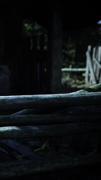 A wooden fence made from logs stands in a dimly lit area surrounded by trees. The scene captures a quiet moment as evening light filters through the branches.