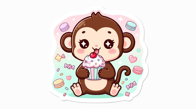 Cute cartoon monkey eating cupcake, kawaii animal illustration sticker