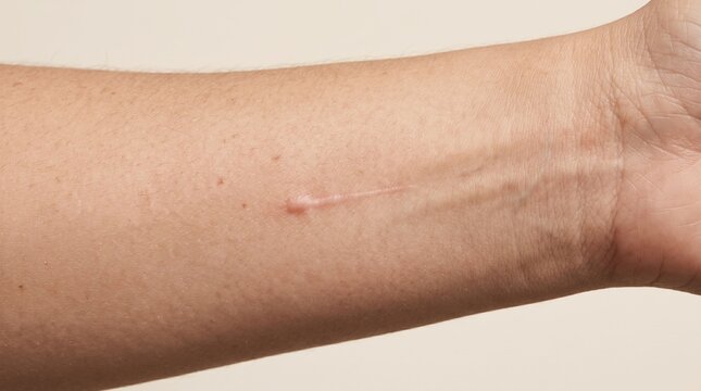 Raised keloid scar on the inner wrist skin close up