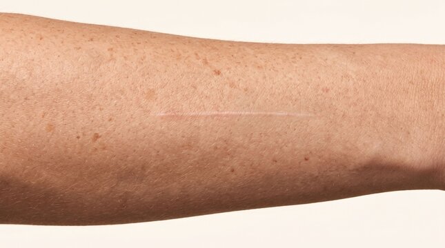 Fine linear scar on a freckled forearm skin close up
