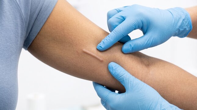 Practitioner examining subdermal birth implant rod under arm skin