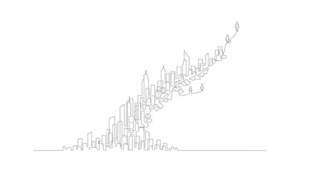 Fototapeta premium Abstract Cityscape Growth Line Art with People Icons Ascending