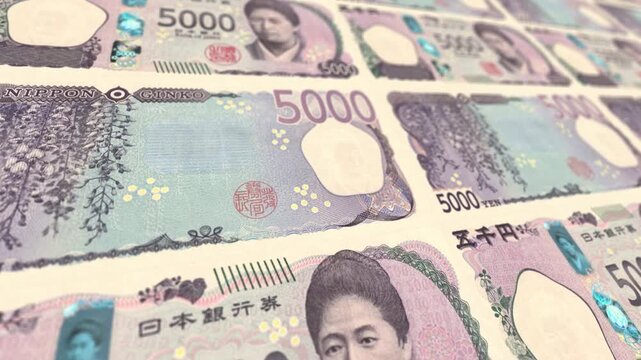 Flying Japanese 5000 Yen Banknotes Seamless Money Loop Background Finance Business Motion