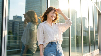 Fototapeta premium 日差しがまぶしい窓際の若い女性