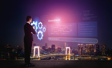 Fototapeta premium A futuristic concept of an enterprise Artificial Intelligence platform. This system uses machine learning for business automation, data analysis, and powering generative solutions. Fermion
