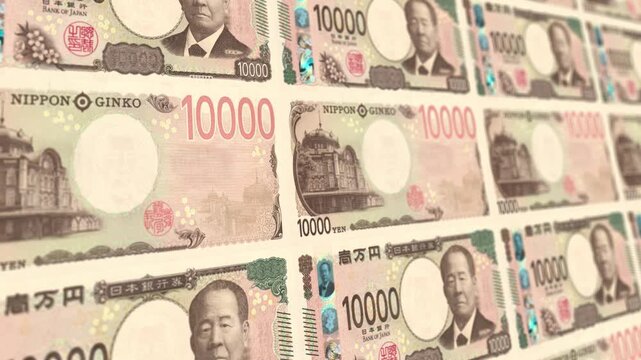 Japanese 10000 Yen Banknotes Floating Money Loop Background Business Finance Currency Animation