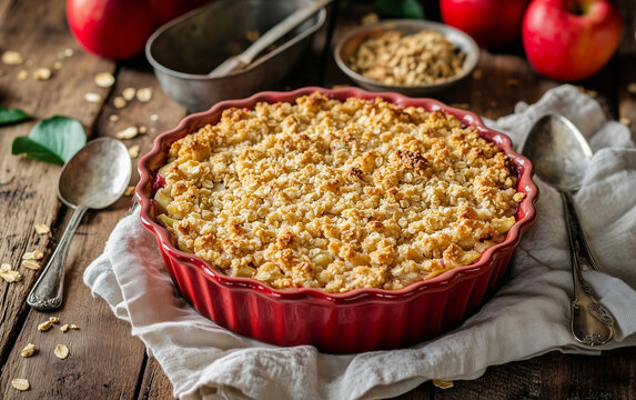 Apple crumble on the wooden background with apples