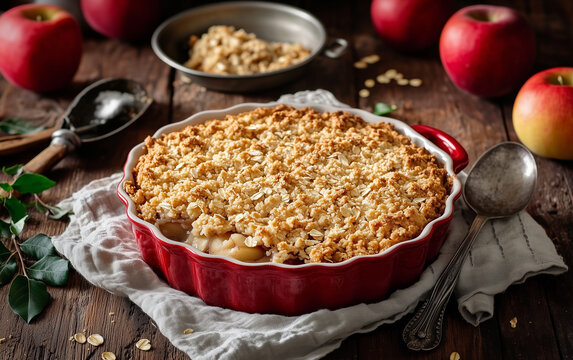 Apple crumble on the wooden background with apples