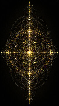 Ornate golden sacred geometry compass mandala with sparkling stars, mystical celestial alchemy talisman astrolabe isolated on dark black background vector style illustration, generative AI