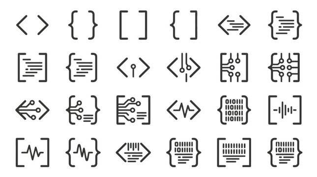 Vector Icons Set of programming and coding line icons featuring brackets curly braces and circuit board symbols. EPS Editable