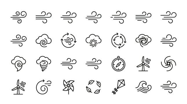 Vector Icons Set of wind and weather line icons featuring breeze clouds tornado and renewable energy symbols. EPS Editable