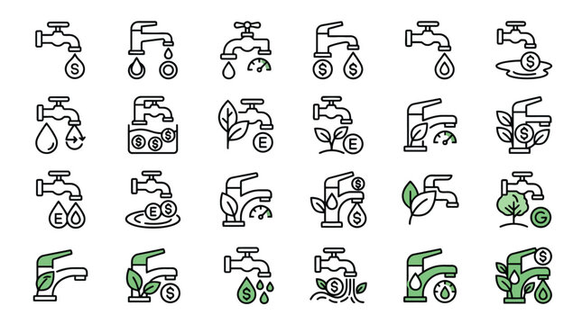 Vector Icons Water conservation and utility cost saving icon set featuring faucets with money and leaves. EPS Editable