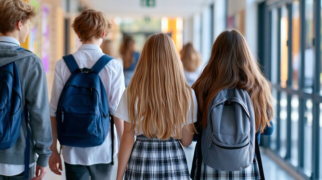 Students walk down the school corridor together during a busy day at school with backpacks and uniforms