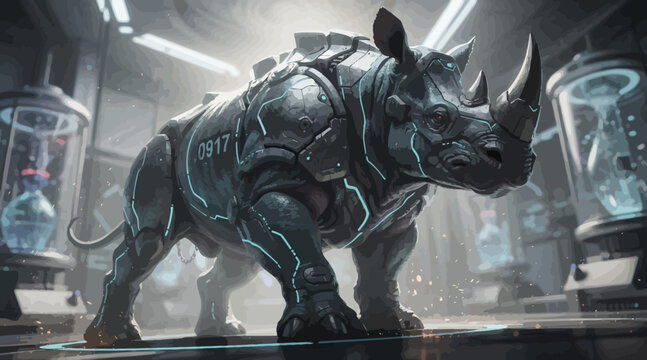 Cybernetic Rhinoceros in Futuristic Laboratory, Sci-Fi Beast